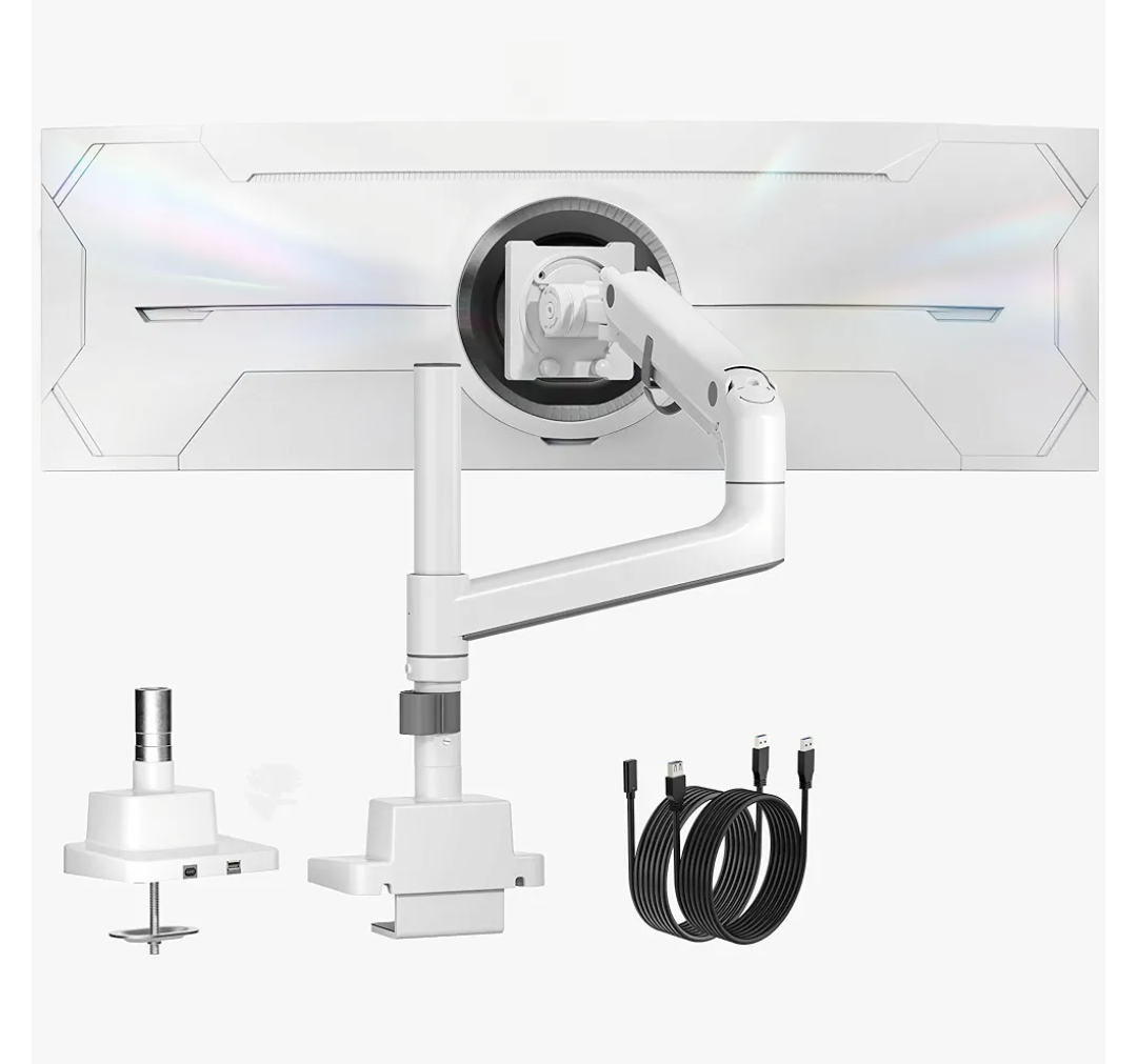 MonTEK Heavy-Duty Single Monitor Arm for 17-57 inch, up to 59.4lbs Ultrawide Screens,Gas Spring Dual Curved Adjustable Monitor Stand for Desk,75/100mm VESA Mount with USB, White