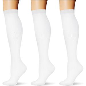 (3 pairs) Compression Socks 20-30 mmHg Long Knee High Socks for Women Men Support Athletic Travel Daily Wear (White)