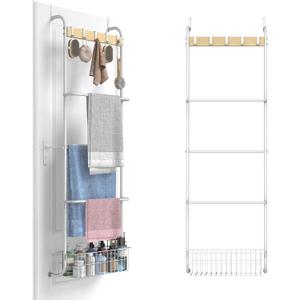 Over The Door Towel Rack,5-Tier Over Door Towel Racks for Bathroom,Towel Rack with Hooks and Basket Door Hanging,Blanket Ladder for Living Room White