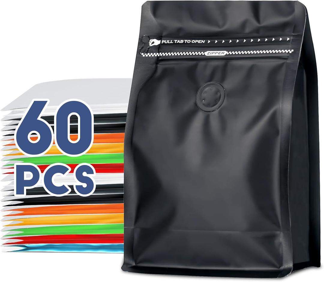 Coffee Bags with Valve(60pcs,8oz,1/2 lb) Vented Coffee Beans Packaging Bags High Barrier Aluminumed Foil Flat Bottom Heat Sealed Side Zipper Resealable Storage Bag for Home or Business（Black）