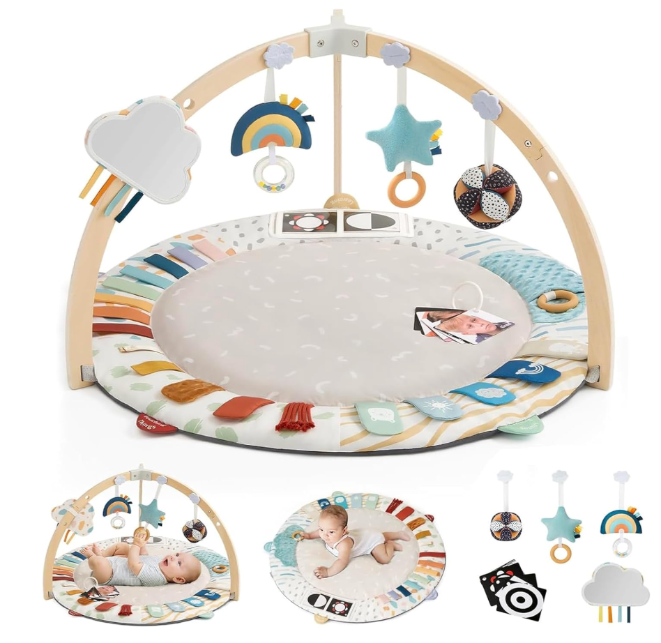 Blissful Diary Baby Play Gym & Activity Mat, 5 Developmental Zones Wooden Tummy Time Mat with 5 Detachable Sensory Toys for Motor Skills & Sensory Development, Baby Essentials Shower Gift
