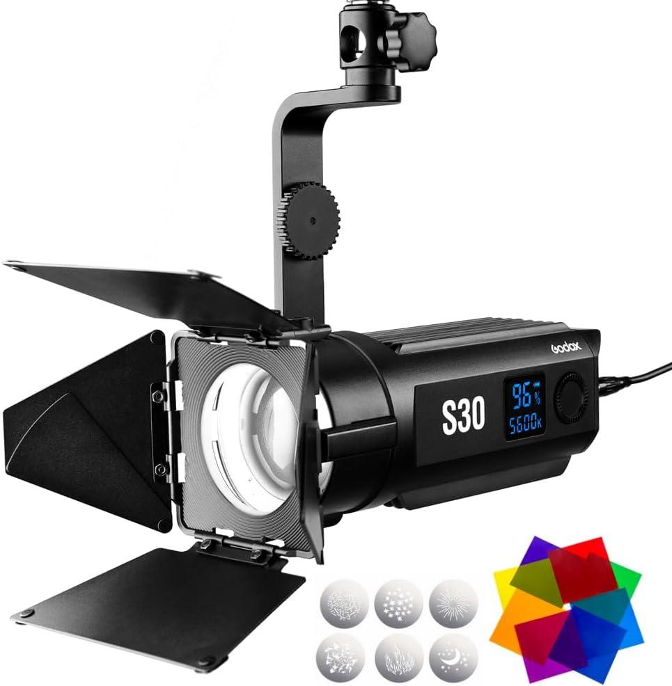 Godox S30 LED Spotlight Video Light with Barndoor, 30W 5600K 40000Lux@0.5m Daylight Studio LED Spot Light, CRI 96+ Brightness 10100%