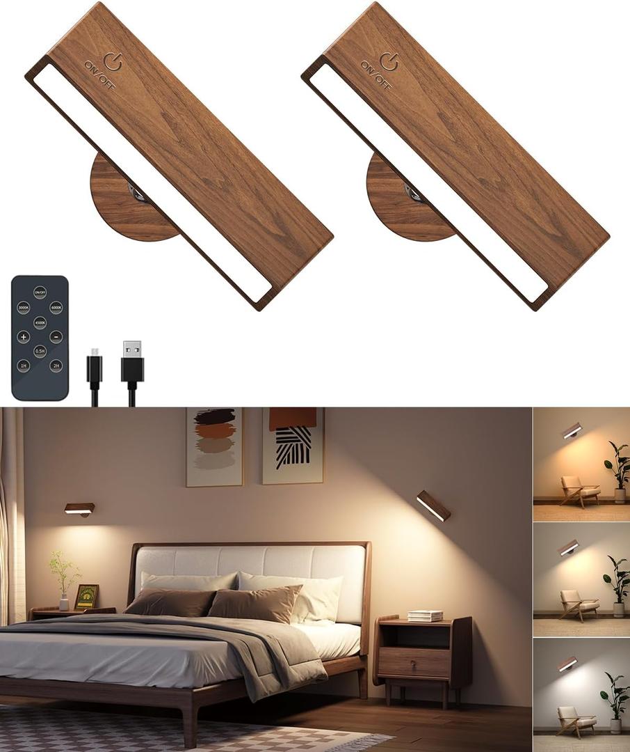 Wooden Wall Sconce Battery Operated with Remote,Rechargeable Wall Lights for Bedroom with 3 Color Temperature, Magnetic, Stick-On, Dimmable Wall Reading Lights (Walnutwood, 2 Pack)