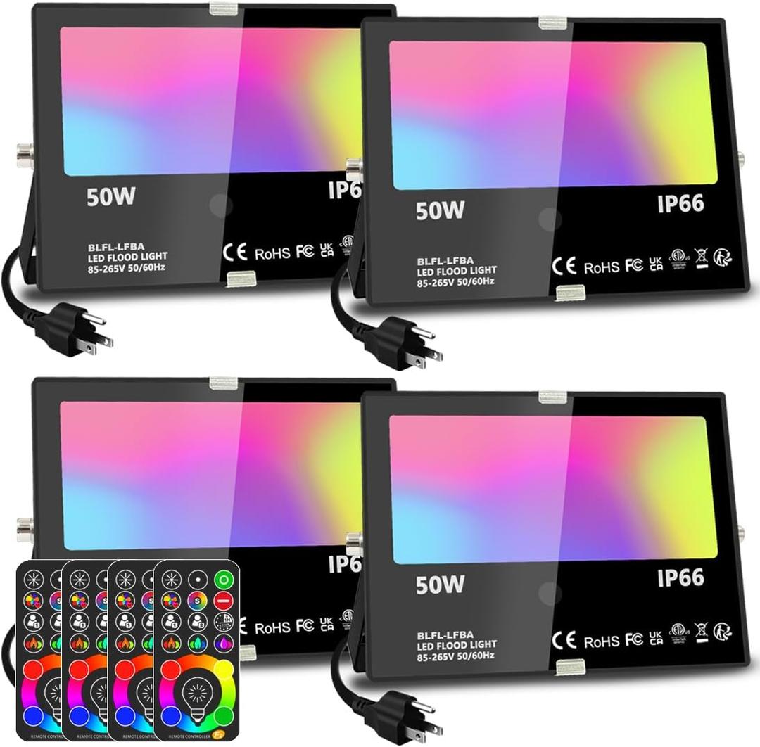 MELPO Led Flood Light 500W Equivalent, RGBW Led Outdoor Lights Colored Floodlight with Remote,50W,5000ML 2700K,120 Colors, Timing, Dimmable, Custom Modes, Landscape Lighting (4 Pack)