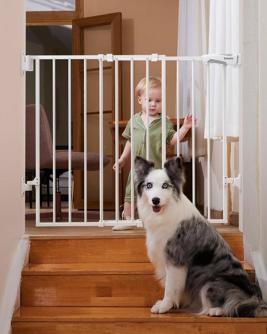 Babelio 26-43" No Bottom Bar Baby Gate for Babies, Elders and Pets, 2-in-1 Hardware Mount Dog Gate for The House, Stairs and Doorways, with Large Walk Thru Door, White (26-43" W, 28" H, White)