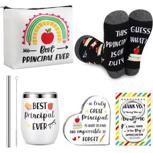 Sliner 7 Pieces Principal Appreciation Gifts for Women Men 12oz Stainless Steel Tumbler Cup Keychain Socks Makeup Bag Acrylic Sign Blessing Card Gift Box