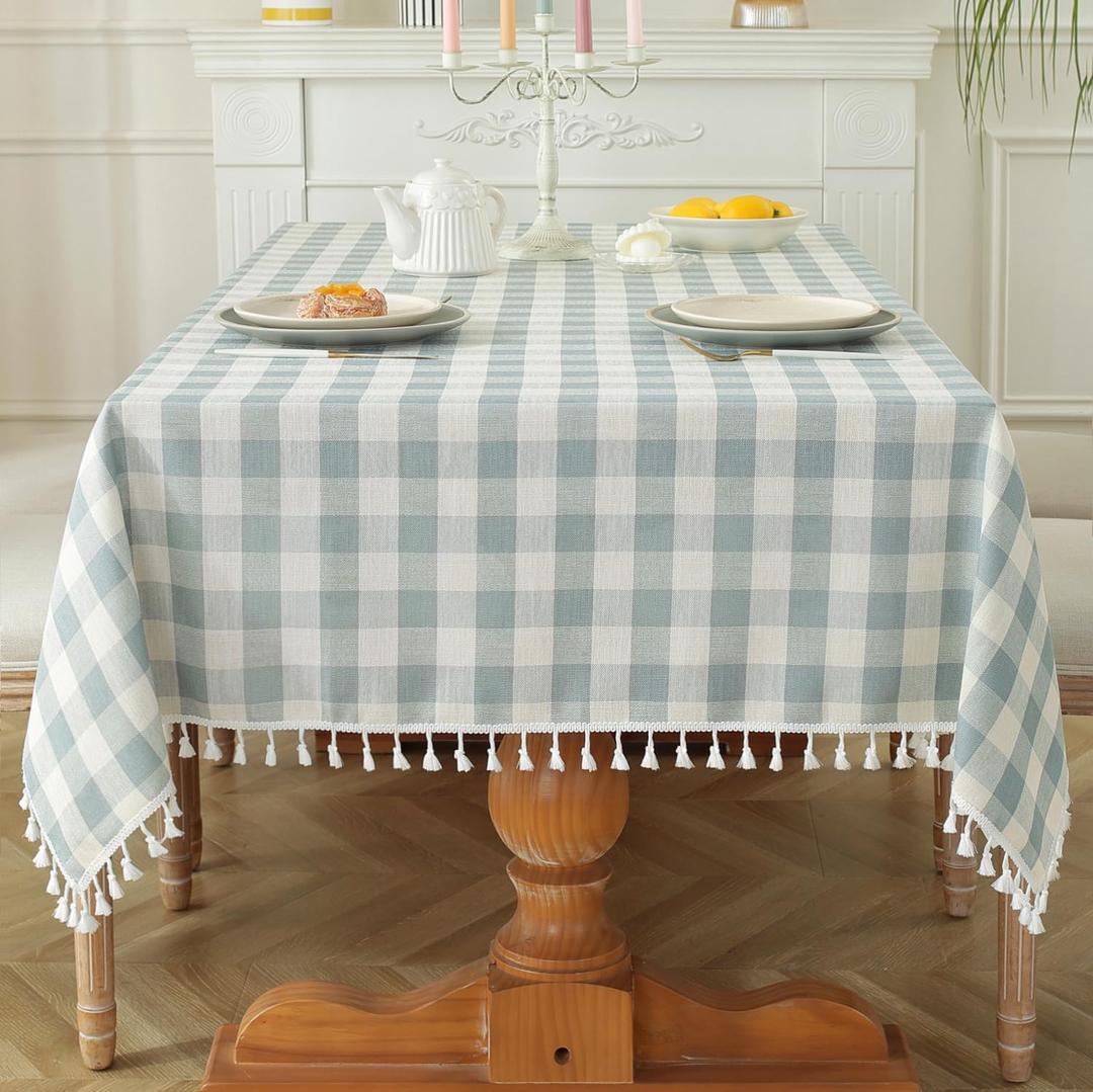 Laolitou Spring Checkered Tablecloth Rectangle Washable Buffalo Plaid Table Cloth with Tassel Cotton Linen Gingham Table Cover for Picnic Kitchen Dining Room, Blue, 120 Inch (120" x 55" (Rectangular))