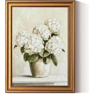 InSimSea Gold Framed Vintage White Hydrangea Wall Art for Living Room, 3D Textured Neutral Potted Plants Oil Paintings Wall Decor Hand Drawn Farmhouse Home Decor for Bedroom Bathroom Dining Shelf 12x16inch