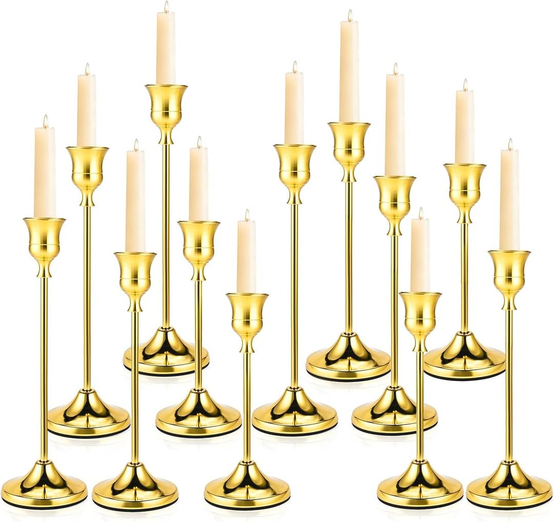 Brass Gold Candle Holders Set of 12, Metal Taper Candlestick Holders in 3 Heights - Vintage Candle Stick Holder Brass Decor - Candle Holder Centerpieces for Wedding Table Home Christmas Decoration