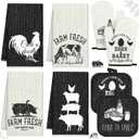 VitalCozy 8 Pcs Farm Animal Theme Kitchen Towels Pot Holders and Oven Mitt Set 4 Farmhouse Dish Towels 2 Rustic Square Potholders 2 Decorative Heat Resistant Glove for Cooking Baking Home Gifting