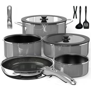 Pro DUXANO 12PC Nonstick Pots and Pans Set&Hybrid 3-Ply Stainless Steel Skillet, High Heat Sear&Fry, 2-Layer Ceramic Induction Cookware, 9H Scratch-Resistant&Anti-Warp,PFAS Free,All Cooktop/Dishwasher (Charcoal Gray)