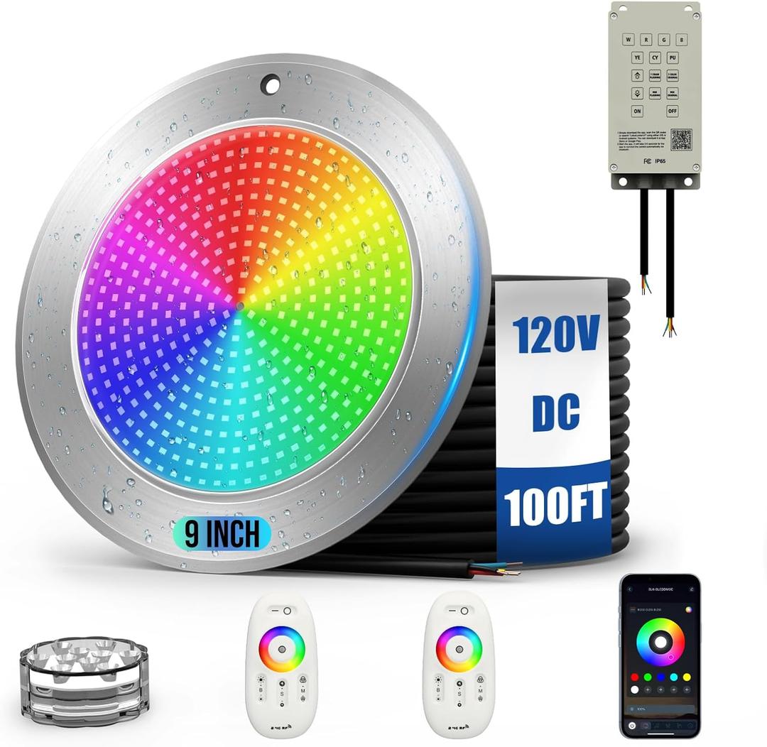 TheDeco 9 inch Pool Lights for Inground Pool, 54W 19 Color Changing Led Underwater Swimming Pool Light with Controller & APP Control, 120V 5500LM IP68 Waterproof Spa Light 100FT Cord (100 FT)