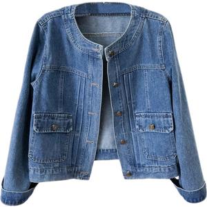 Womens Collarless Long Sleeve Denim Jacket Round Neck Button Down Jean Jackets (Blue, L)