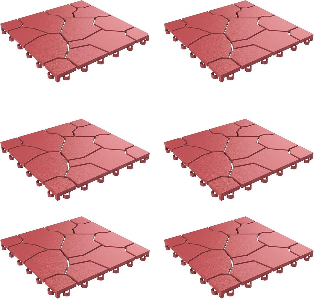 Pure Garden 6-Pack Polypropylene Interlocking Patio Deck Tiles - Weather-Resistant Outdoor Flooring for Balcony, Porch, and Garage (Brick Red)