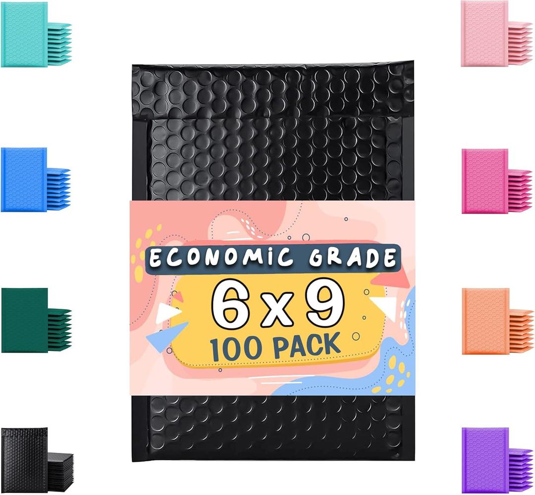 Economic Grade Poly Bubble Mailers 6x10 100 Pack Black Waterproof Self Seal Adhesive Shipping Bags, Cushioning Padded Envelopes for Shipping, Mailing, Packaging Usable 6x9