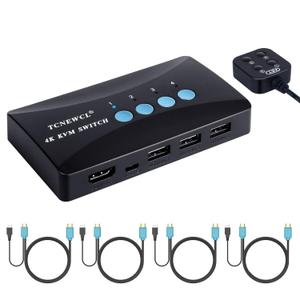 TCNEWCL KVM Switch 4 Port, HDMI KVM Switcher 4Kx2K@30Hz for 4 Computers Sharing 1 HD Monitor and 3 USB Devices Keyboard Mouse Printer,Including 4*KVM Cables &1* Wire Desktop Controller (4 Computers 1 Monitor)