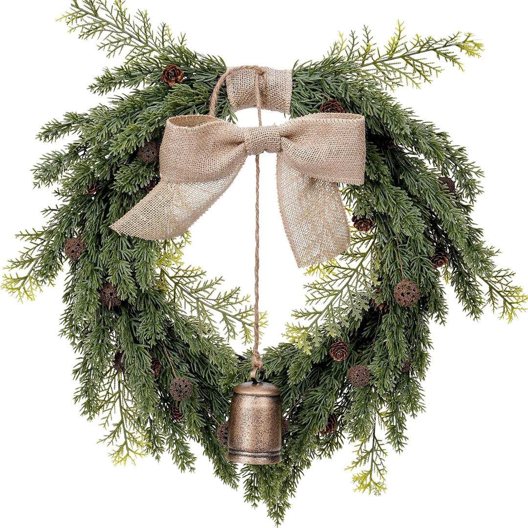 Vintage Norfolk Pine Christmas Wreath - 21 Inch Artificial Greenery Faux Cedar Wreaths with Bells and Ribbon Bow for Xmas Decor Indoor Outdoor Window Wall Decoration