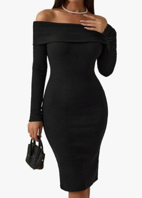 Summer Women's Casual Dress Solid Color Off Shoulder Long Sleeve Dress, S