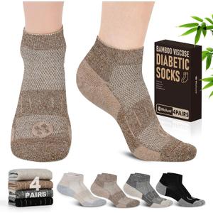 Diabetic Socks for Men,4 Pairs Low Cut Bamboo Viscose Wide Mens Diabetic Socks Size 9-12 10-13(Deep Grey+Brown+Beige+Black-Large)