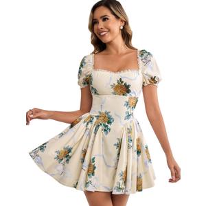 Parthea Women's Floral Square Neck Mini Dress Lace Puff Sleeve Off Shoulder Smocked Flowy A Line Summer Dresses for 2025, Large