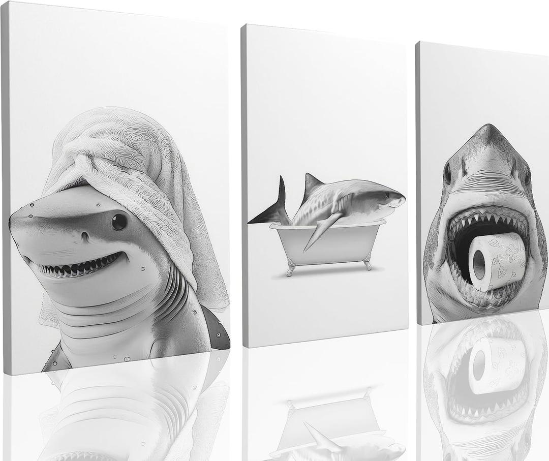 UCRAASDEB Framed Black And White Shark Bathroom Canvas Wall Art, 3pcs Funny Ocean Animal Bathtub Paintings Pictures Wall Decor Modern Poster Printing Artwork for Restroom Toilet 16'' x 12''