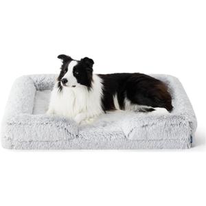Bedsure Orthopedic Dog Beds Large Sized Dog - Washable Large Dog Cat Bed Waterproof, Comfort Dogs Couch Sofa with Washable Removable Cover, Pet Bed with Nonskid Bottom, Long Faux Fur-Misty Grey, 35"