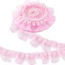 PH PandaHall 10 Yards Pink Ruffle Lace Ribbon Trim Pleated Lace Fabric Trim, Double Layer Gathered Ruffle Trim Embroidered Sewing for Crafts Costume Pillowcase Embellishments, 2.4inch Wide
