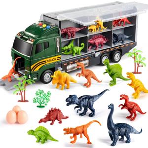 TEMI 39 in 1 Dinosaur Truck Toys for Kids 3-5, Toddler Toys Transport Vehicle Carrier Car with Lights, Music and Sounds, Dinosaur Play Set w/Dino Eggs & Activity Play Mat, Gift for Boys Girls