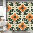 MEHOFOND Orange Floral Shower Curtain Vintage Mid Century Modern Abstract Geometric Green Plant Bathroom Curtain Boho Retro Classic 1950S 60S Bathtub Decor Fabric Waterproof Bath Curtain 72x72 Inch