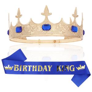 Amairver King Crown and Sash for Men - Gold Blue Kings Tiaras for Birthday Party Decorations