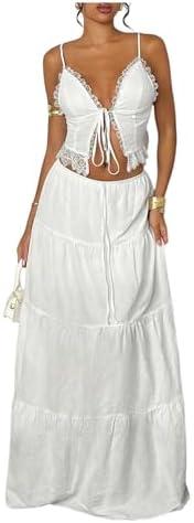 Floerns Women's 2 Piece Outfit Lace Trim Tie Front Camisole Top Tiered Maxi Skirts Set S