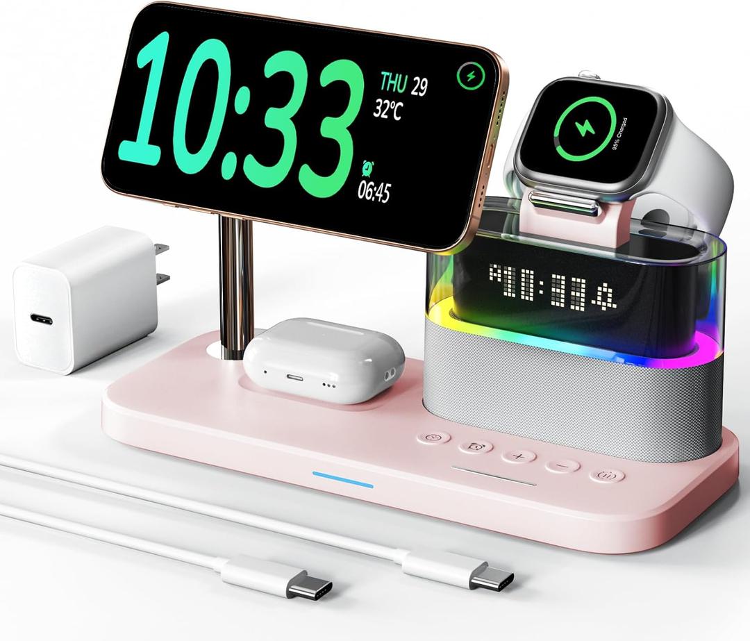 Compatible with Qi2 Certified 15W Charging Station with Alarm Clock and Night Light,Fast 5 in 1 Mag-Safe Wireless Charger Stand for iPhone 17 16 15 14 13 12 Pro Max,Apple Watch,Air-Pods(Pink)