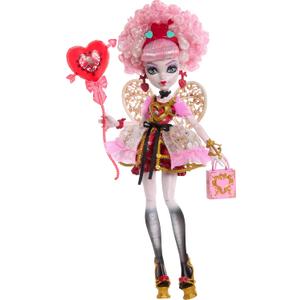 Monster High Scary Sweet Birthday Doll, Cupid Asteria in Pink and Red Party Dress with Themed Accessories Like Invite, Balloon, Gift and More