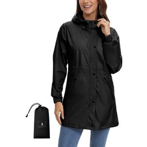 SaphiRose Women's Lightweight Long Rain Jacket Packable Raincoat Hooded Outdoor Trench Coats (Black, S)