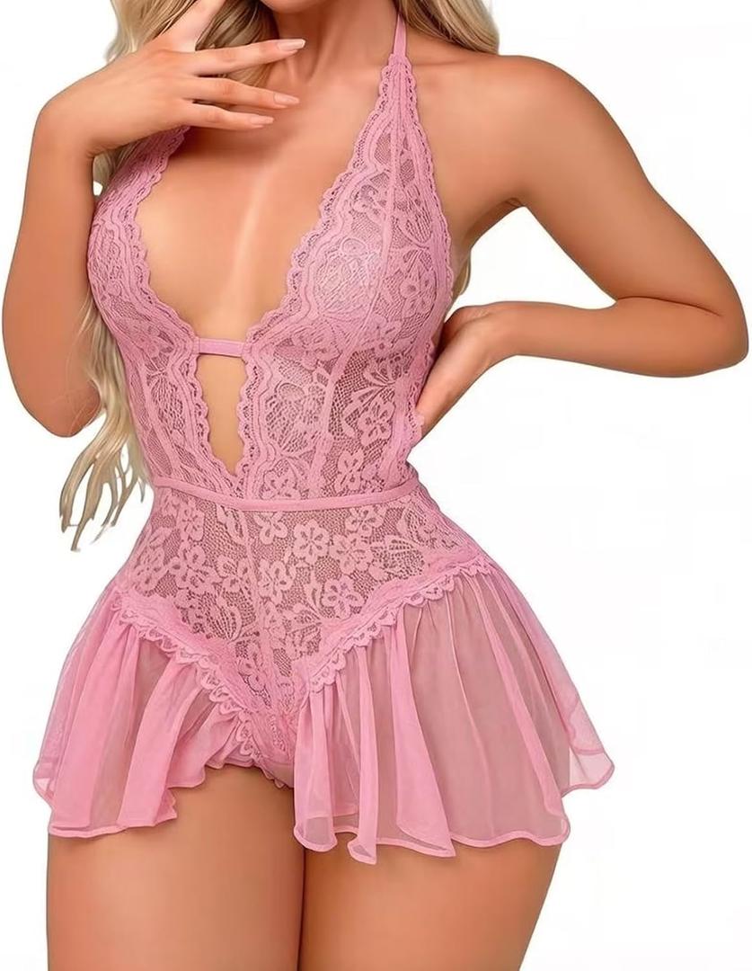 Sexy Lingerie for Women Lace Bodysuit One Piece Teddy Mini Babydoll Mesh Sleepwear V Neck Chemise Nightgowns (Pink, M)