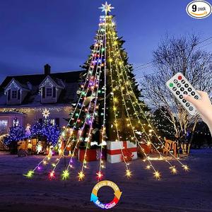 Christmas Decorations Star String Lights, 320 LEDs Outdoor Waterfall Tree Lights with 13" Topper Star, Plug in Waterproof Hanging Fairy Lights for Xmas New Year Holiday Party Yard Patio Decor