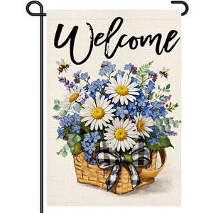 Spring Welcome Daisy Flower Basket Garden Flag 12x18, Rustic Spring Floral Yard Decor, Double Sided Burlap Outdoor Welcome Flag for Porch Lawn Patio DF117