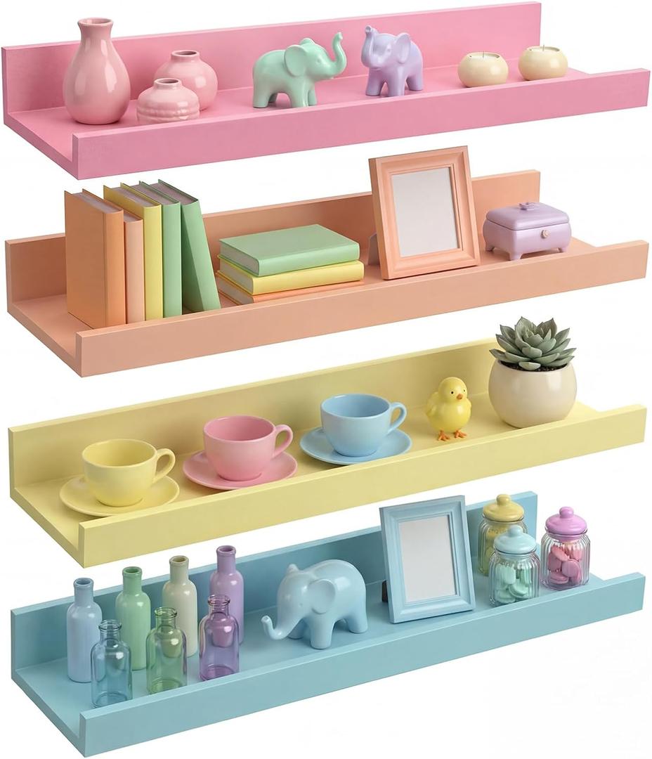 4 Set Pastel Floating Shelves 16 Inch Wood Wall Mounted Shelves Decor with Lips Candyland Macaroon Hanging Display Ledge Shelf for Classroom Bedroom Dormitory Banquet Party Decor