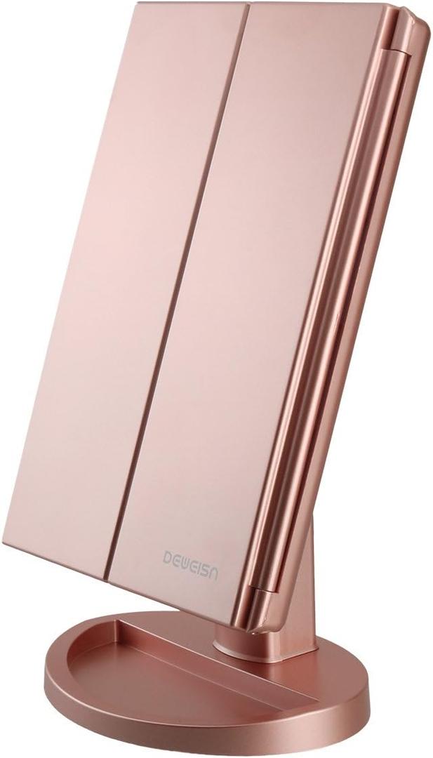 Deweisn Dresser Mount Tri-Fold Lighted Vanity Mirror with 21 LED Lights, Touch Screen and 3X/2X/1X Magnification, Two Power Supply Modes Make Up Mirror,Travel Mirror (Rose Gold)