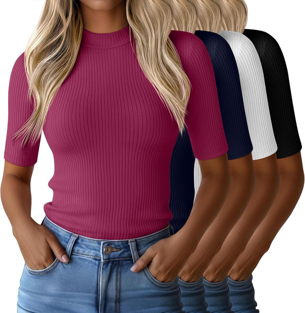 Huukeay 4 Pack 1/2 Half Sleeve Mock Turtleneck Tops for Women, Ribbed Knit Fitted T-Shirts Mock Neck Business Casual Slim Tee (Large, Black, White, Navy Blue, Fuchsia)