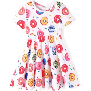 PATPAT Girls Short Sleeve Dresses Skater Twirly Stretch A-line Toddler Casual Swing Dress (8-9 Years, Donuts White)