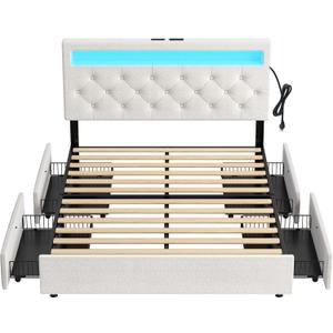 Rolanstar Queen Bed Frame with 4 Storage Drawers and Charging Station, Queen Bed with Led Lights, 2 USB & 1 Type C, Adjustable Headboard 38.9/40.10 Inches, No Box Spring Needed, White