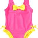 YOUNGER TREE Toddler Swimsuit Girl Cute Stripe One-Piece Ruffle Swimwear Baby Girl Bathing Suits with Bow (3-4T, Hot Pink and Yellow Bow)