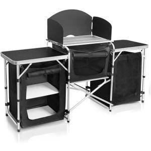 CampLand Folding Camping Kitchen Table with Windscreen,Portable Outdoor Cooking Station with Storage Cabinet & Side Tables Heavy Duty Camp Cook Station for Camping & BBQ (Black3cabinet)