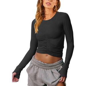 Vivitulip Women's Long Sleeve Shirts Basic Fall Ruched Slim Fitted Crop Tops Tight Athletic Blouse with Thumb Holes (XX-Large, Black)