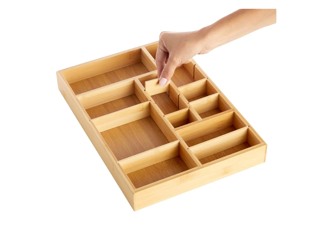 Juvale Bamboo Drawer Organizer Tray with 8 Adjustable Dividers for Kitchen & Utensils - Wooden Drawer Organizer (14 x 10 x 2 in)