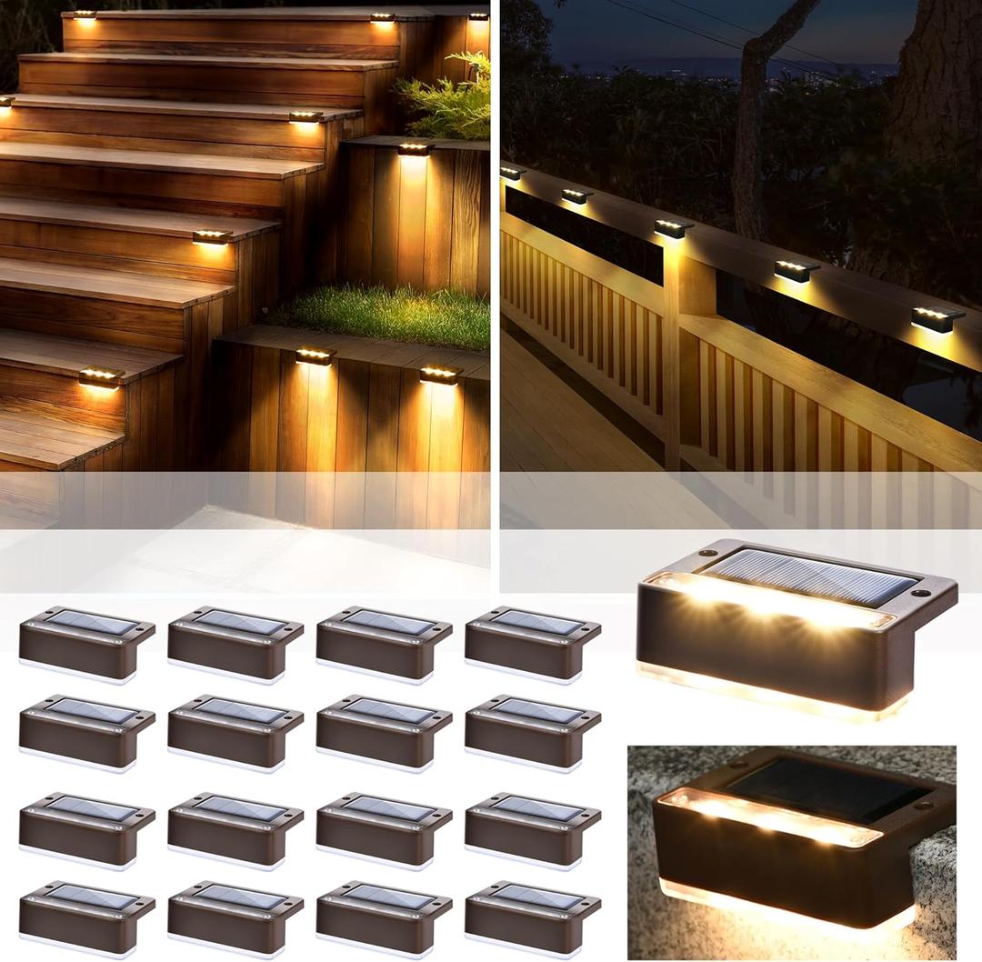 SOLPEX Solar Fence Lights, 6 LEDs Solar Lights Outdoor Waterproof Solar Powered for Deck, Stair, Front Porch, Balcony, Walkway, Garden, Yard, Patio, Pool Decor, IP65 Waterproof (16 Pack, Warm White) (Brown)