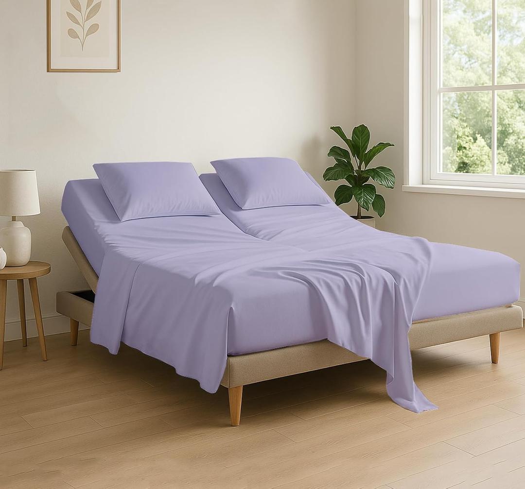 Cottingon 4 Piece Flex Head King Sheet Set, Top 34 Inch Split Sheets for Sleep Number Adjustable Beds, Soft Breathable 100% Egyptian Cotton, Fits Upto 16" Deep Mattress 78"X80"+ 34", Lavender