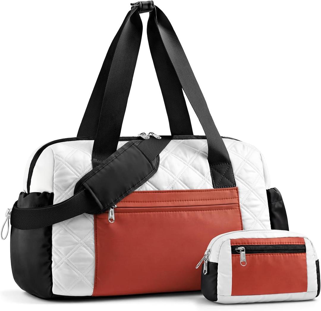 Small Gym Bag for Women, Mini Sports Duffle Bag for Workout Dance Ballet Yoga Gymnastics, Quilted Lightweight Puffer Travel Tote with Detachable Coin Purse & Wet Pocket, Beige-black-brown (S(14" x 6" x 10"))