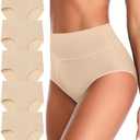 ASIMOON Tummy Control High Waisted Underwear for Women Cotton Plus Size Full Coverage Panties Ladies Briefs, 5pcs Large